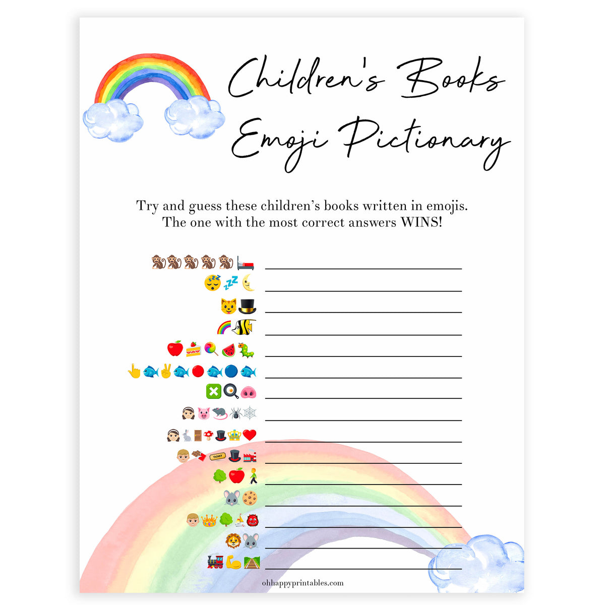 Rainbow baby games, rainbow childrens books emoji pictionary, rainbow printable baby games, instant download games, rainbow baby shower, printable baby games, fun baby games, popular baby games, top 10 baby games