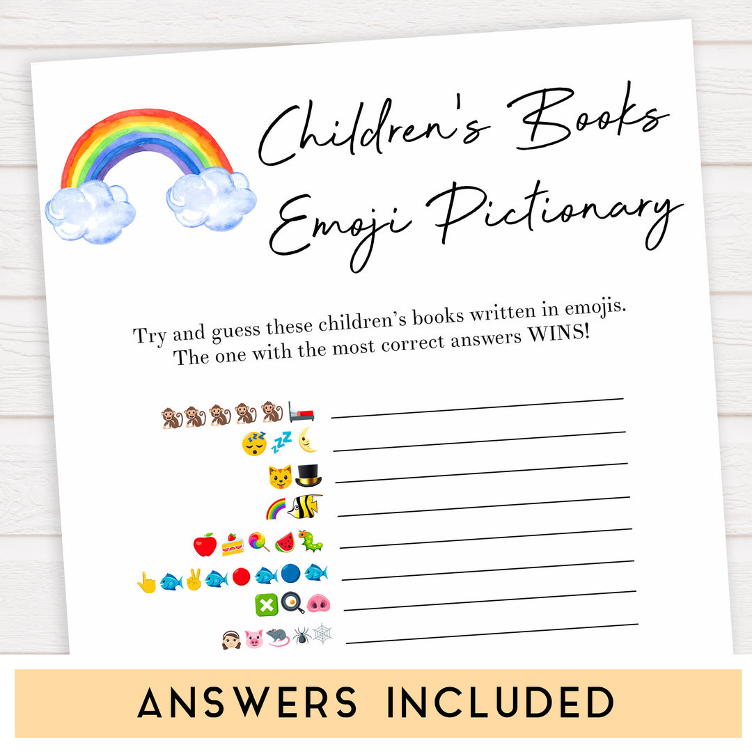Rainbow baby games, rainbow childrens books emoji pictionary, rainbow printable baby games, instant download games, rainbow baby shower, printable baby games, fun baby games, popular baby games, top 10 baby games