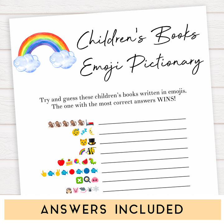 Rainbow baby games, rainbow childrens books emoji pictionary, rainbow printable baby games, instant download games, rainbow baby shower, printable baby games, fun baby games, popular baby games, top 10 baby games