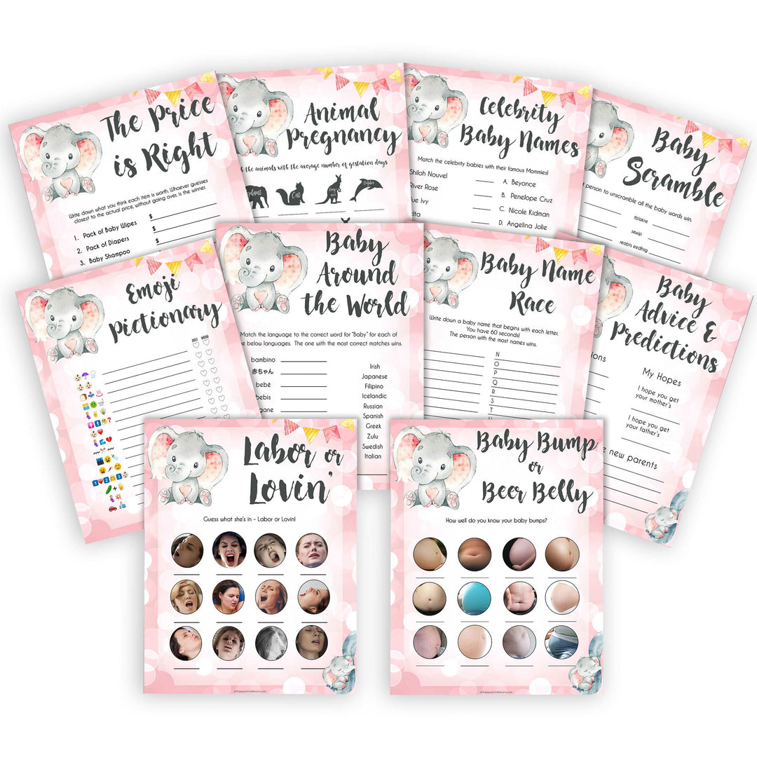 10 pink elephant baby games, animal pregnancy baby shower games, printable baby shower games, baby shower games, fun baby games, popular baby games, pink baby games baby shower games pack