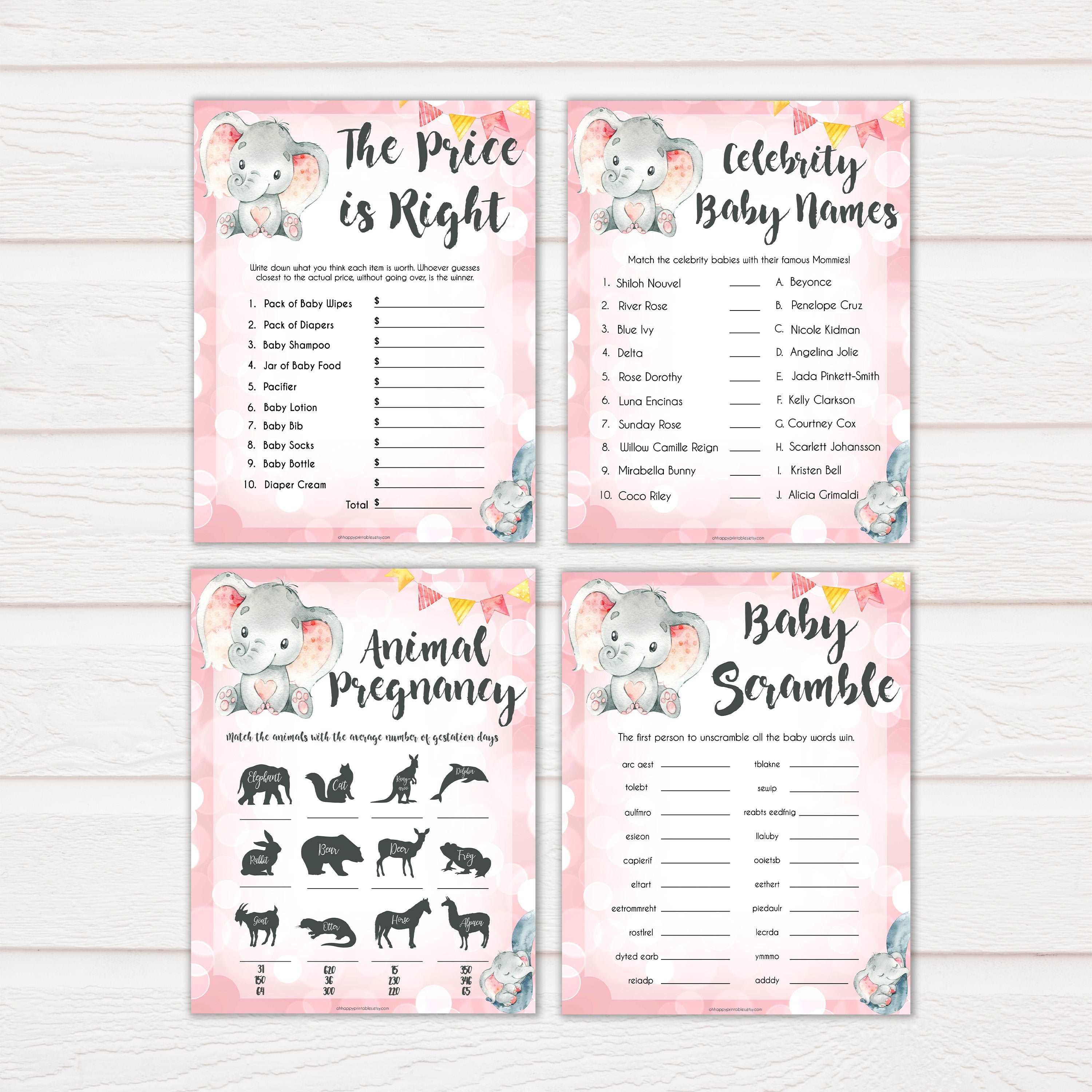 10 pink elephant baby games, animal pregnancy baby shower games, printable baby shower games, baby shower games, fun baby games, popular baby games, pink baby games baby shower games pack