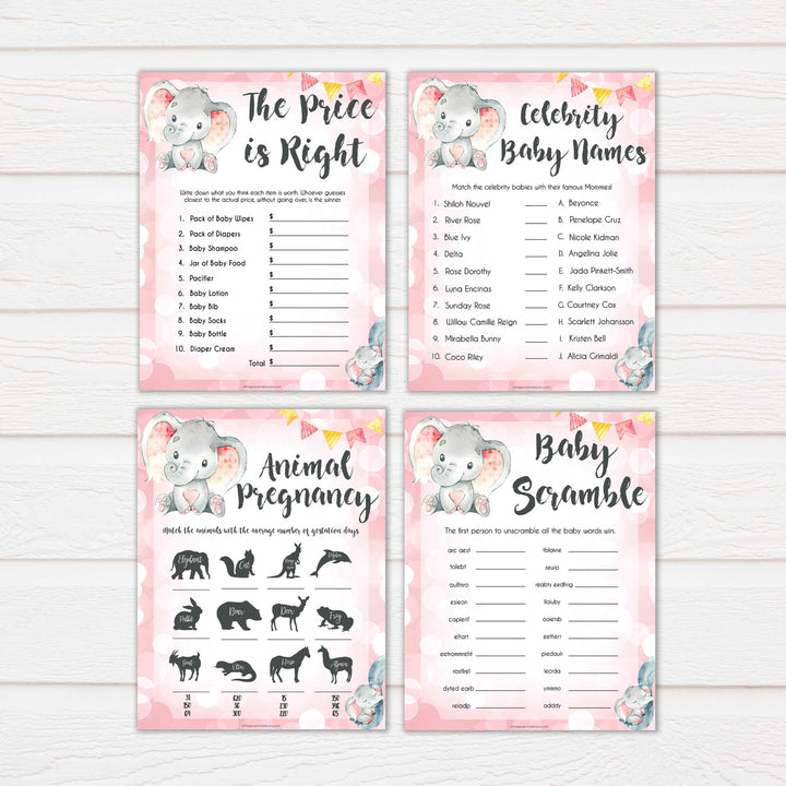 10 pink elephant baby games, animal pregnancy baby shower games, printable baby shower games, baby shower games, fun baby games, popular baby games, pink baby games baby shower games pack