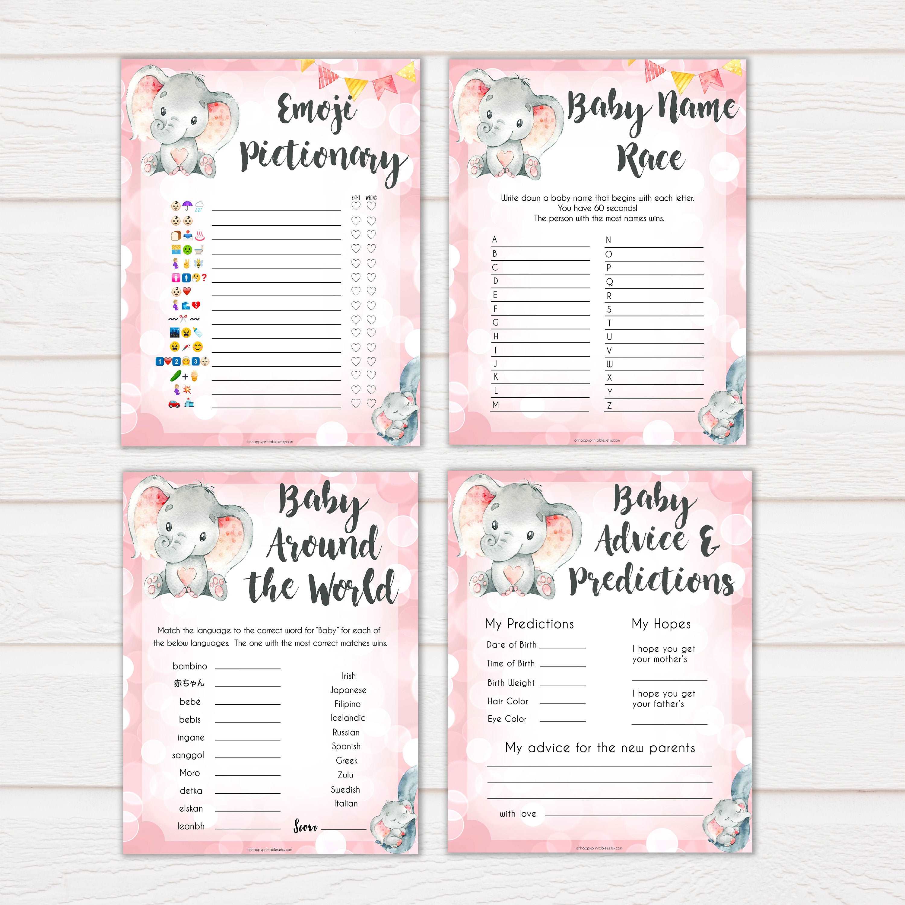 10 pink elephant baby games, animal pregnancy baby shower games, printable baby shower games, baby shower games, fun baby games, popular baby games, pink baby games baby shower games pack
