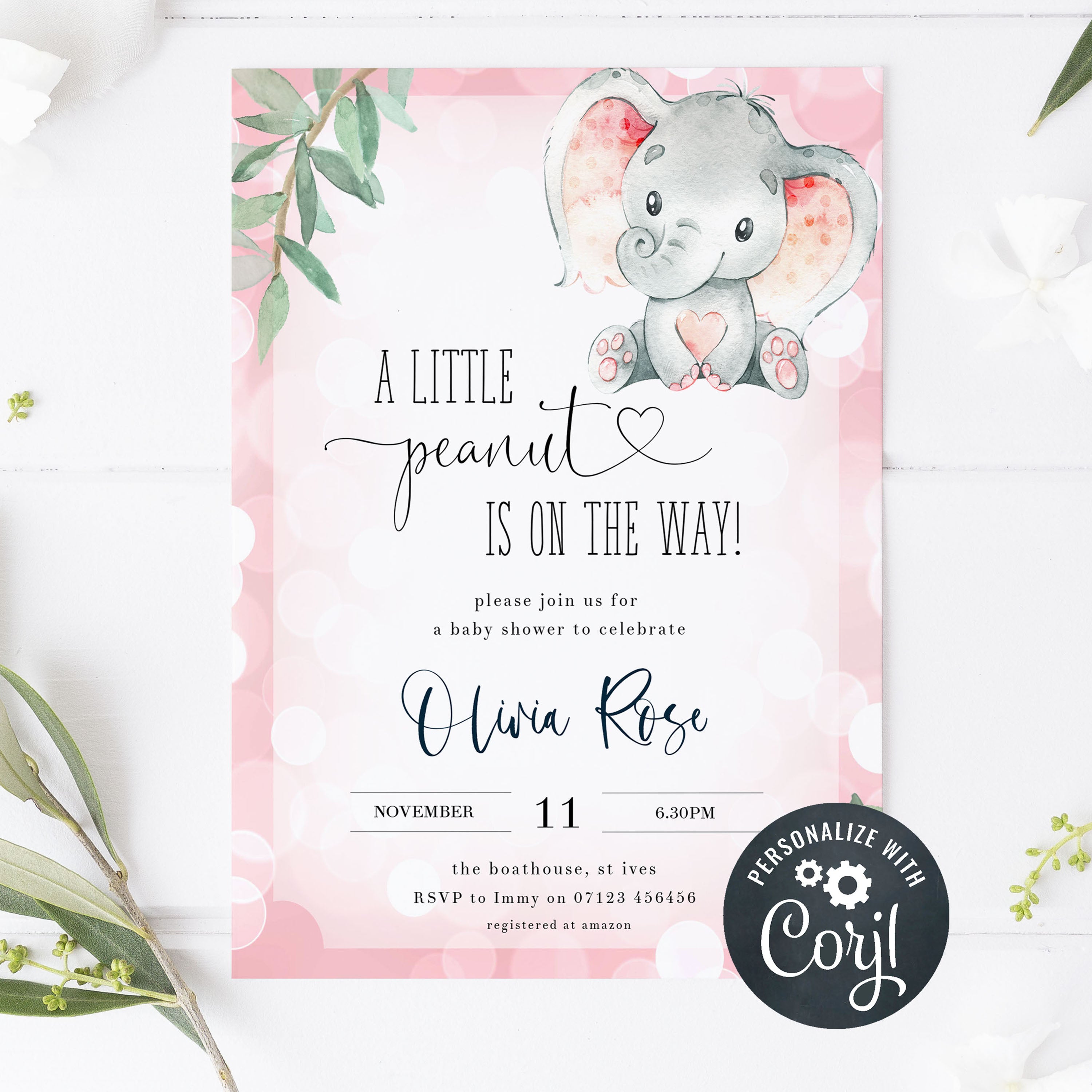 Pink elephant best sale invitations baby shower