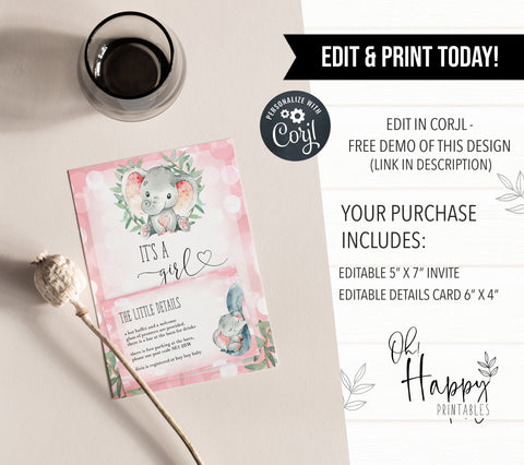 pink elephant baby shower invitations, printable baby shower invitations, editable baby shower invitations, pink elephant baby shower invitations, mobile baby shower invites