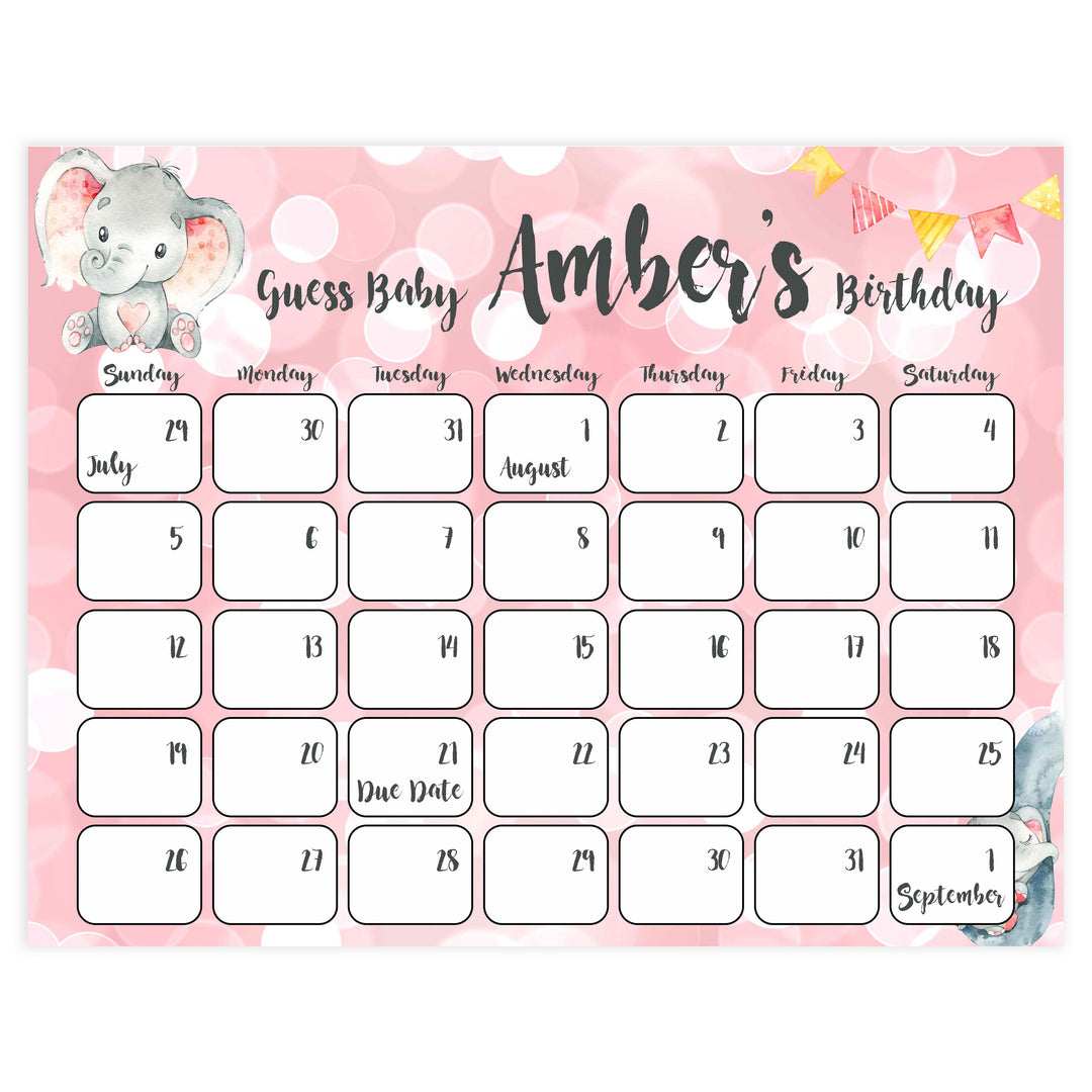 guess the baby birthday game, pink elephant theme baby shower games, printable baby shower games, baby birthday predictions game
