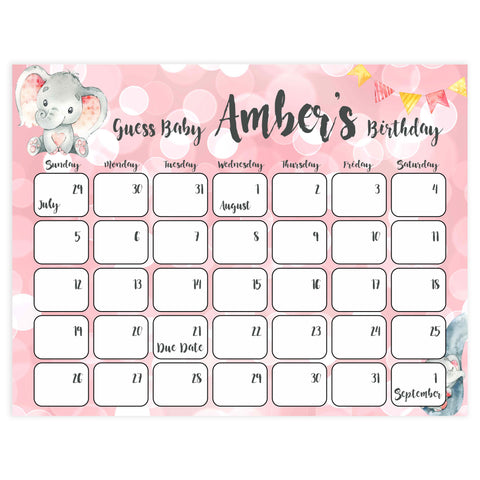 guess the baby birthday game, pink elephant theme baby shower games, printable baby shower games, baby birthday predictions game