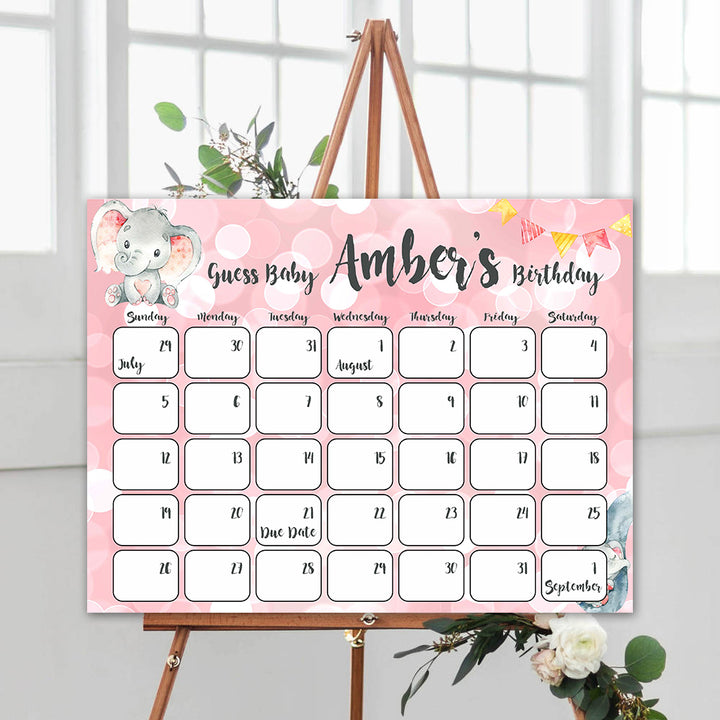 guess the baby birthday game, pink elephant theme baby shower games, printable baby shower games, baby birthday predictions game