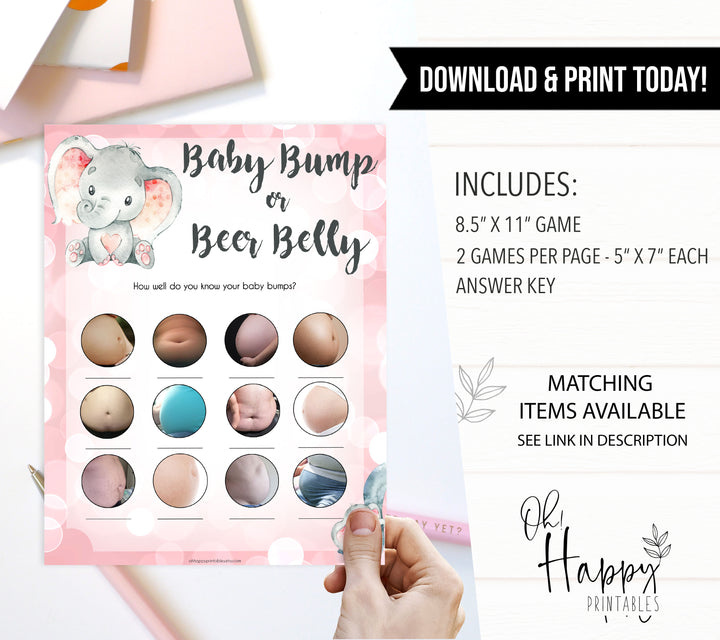 pink elephant baby games, baby bump or beer belly baby shower games, printable baby shower games, baby shower games, fun baby games, popular baby games, pink baby games