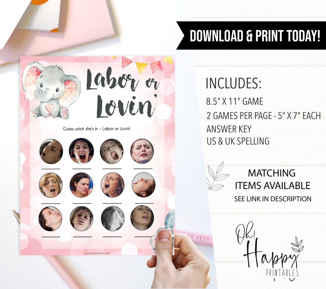 pink elephant baby games, labour or lovin, labor or lovin baby shower games, printable baby shower games, baby shower games, fun baby games, popular baby games, pink baby games