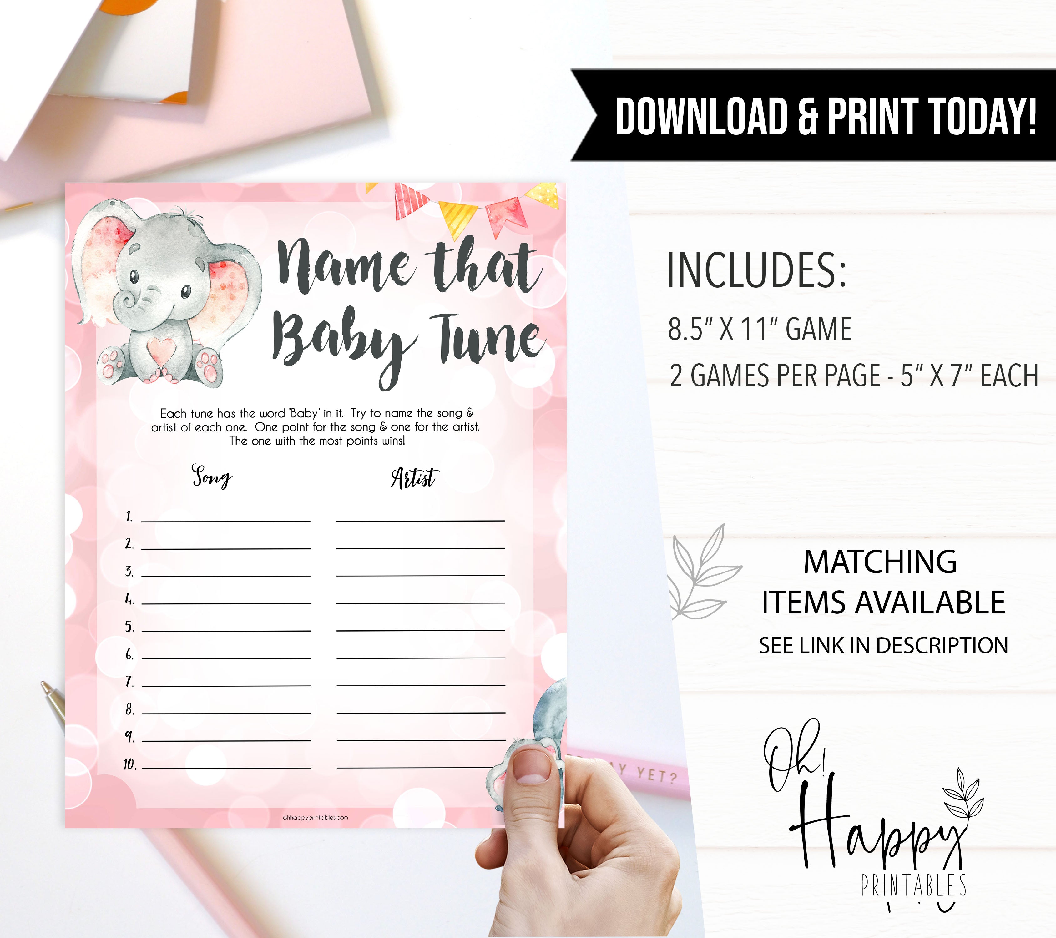 pink elephant baby games, name that baby tune baby shower games, printable baby shower games, baby shower games, fun baby games, popular baby games, pink baby games