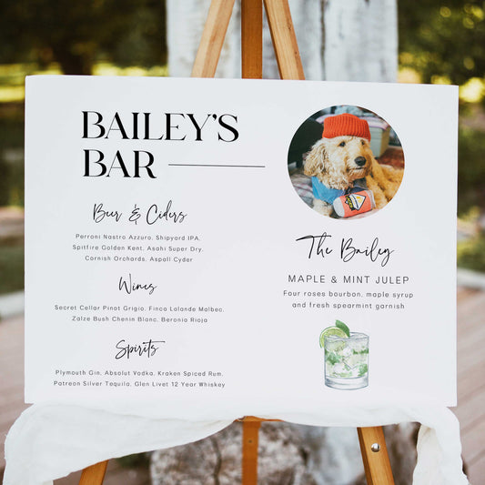editable wedding stationery, printable wedding stationery, pet bar signature cocktail sign, modern wedding stationery, on the day wedding stationery