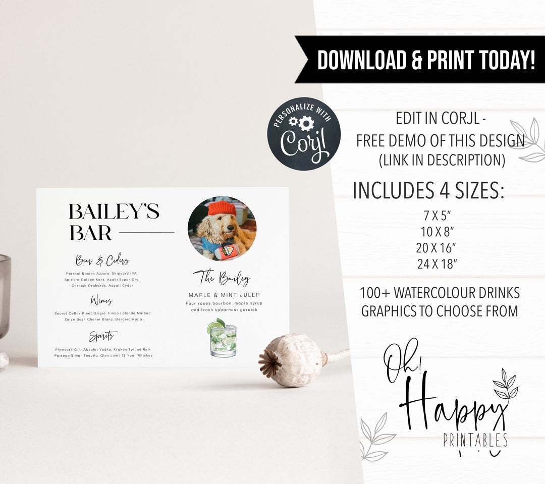 editable wedding stationery, printable wedding stationery, pet bar signature cocktail sign, modern wedding stationery, on the day wedding stationery