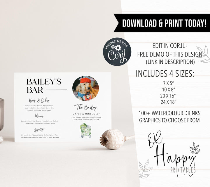 editable wedding stationery, printable wedding stationery, pet bar signature cocktail sign, modern wedding stationery, on the day wedding stationery