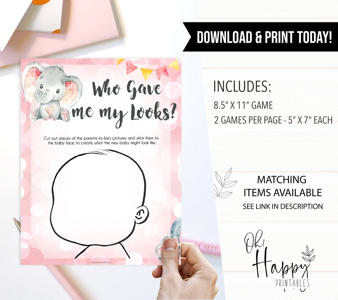 pink elephant baby games, who gave me my looks baby shower games, printable baby shower games, baby shower games, fun baby games, popular baby games, pink baby games