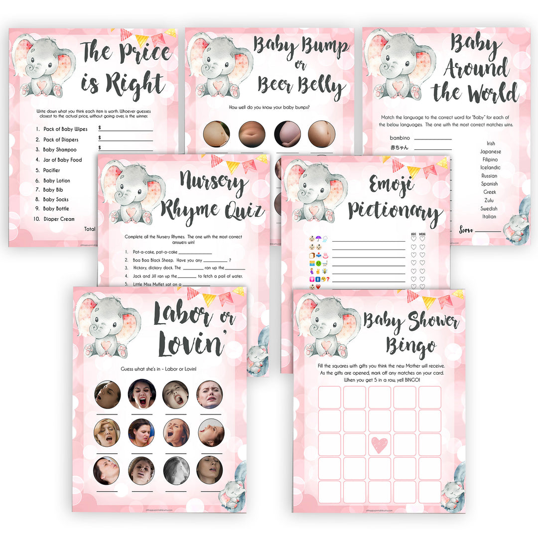 7 pink elephant baby games,  baby shower games bundle, printable baby shower games, baby shower games, fun baby games, popular baby games, pink baby games
