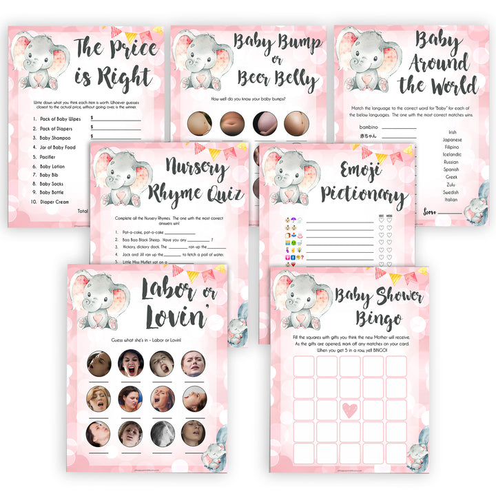 7 pink elephant baby games,  baby shower games bundle, printable baby shower games, baby shower games, fun baby games, popular baby games, pink baby games
