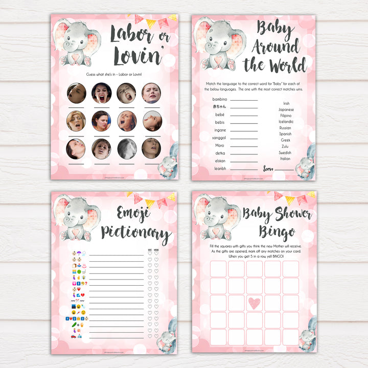 7 pink elephant baby games,  baby shower games bundle, printable baby shower games, baby shower games, fun baby games, popular baby games, pink baby games