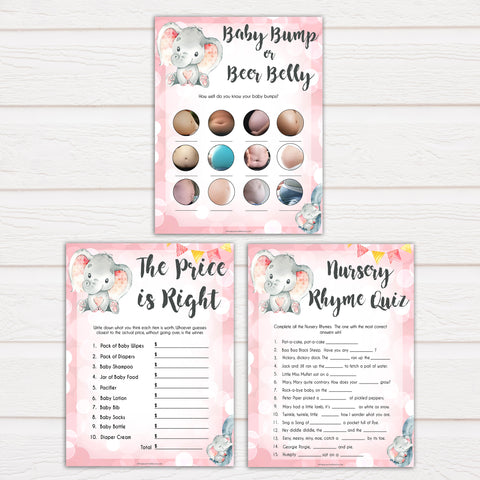 7 pink elephant baby games,  baby shower games bundle, printable baby shower games, baby shower games, fun baby games, popular baby games, pink baby games