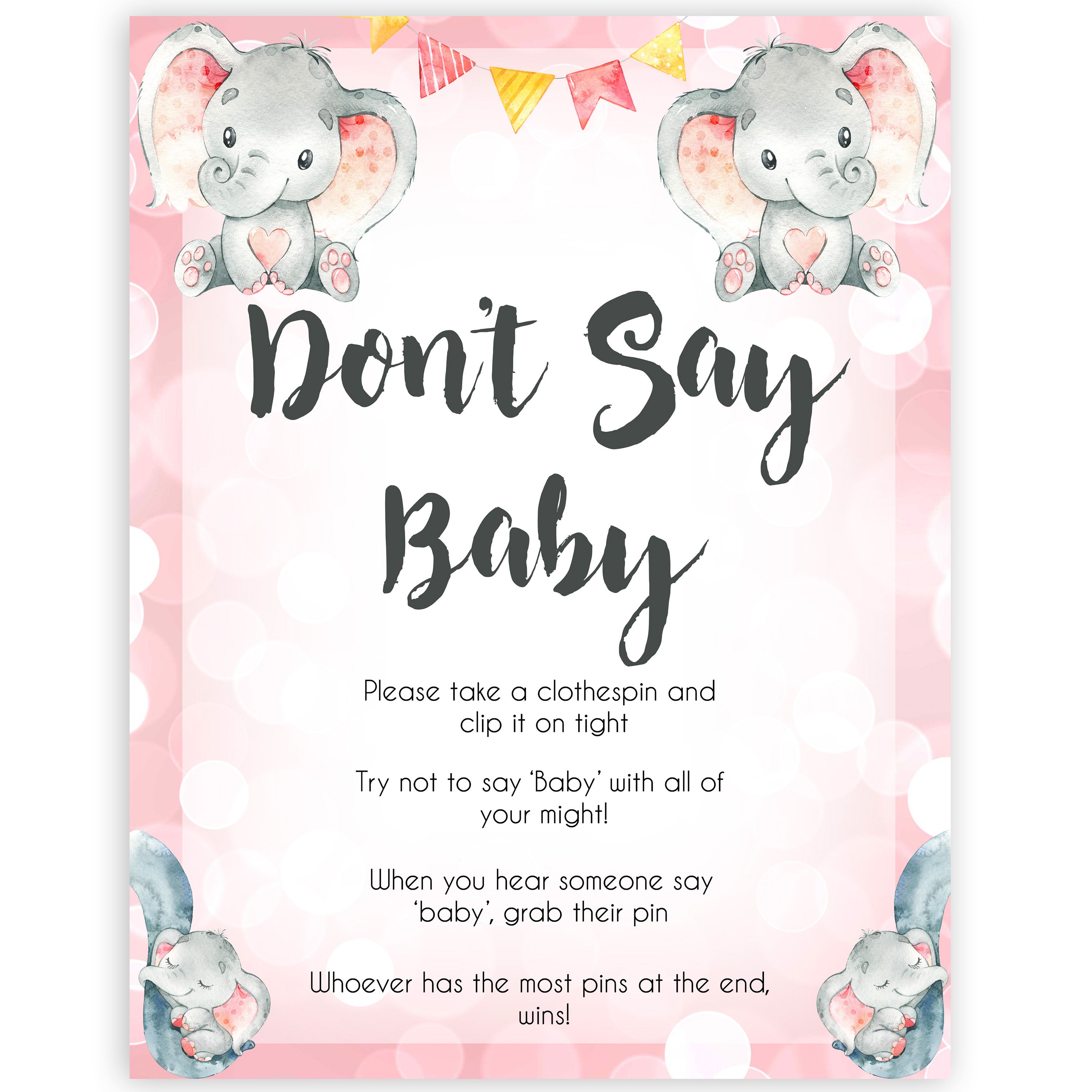 pink elephant baby games, dont say baby baby shower games, printable baby shower games, baby shower games, fun baby games, popular baby games, pink baby games