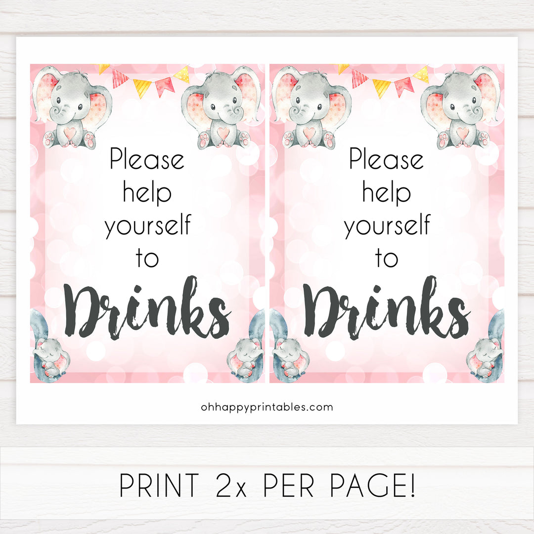 drinks baby signs, drinks baby table sign, Pink elephant baby decor, printable baby table signs, printable baby decor, pink table signs, fun baby signs, fun baby table signs