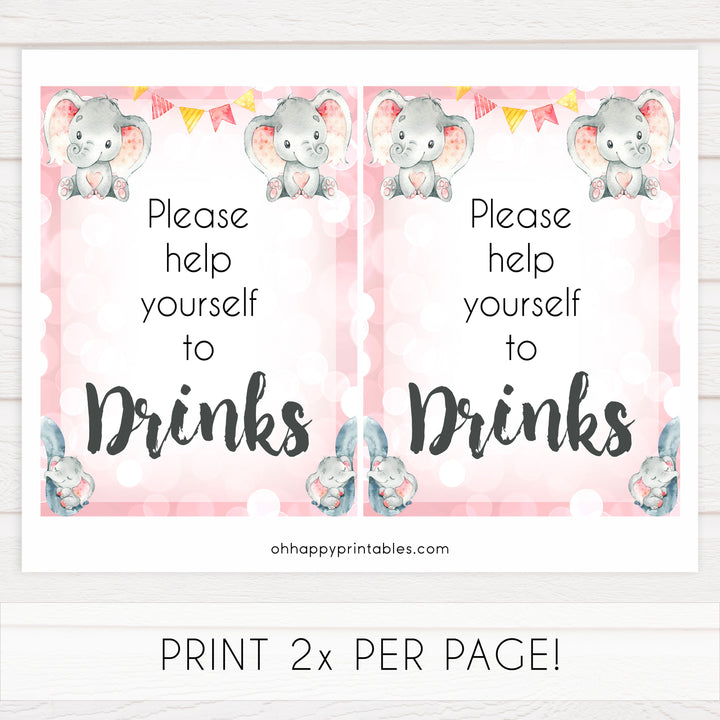 drinks baby signs, drinks baby table sign, Pink elephant baby decor, printable baby table signs, printable baby decor, pink table signs, fun baby signs, fun baby table signs