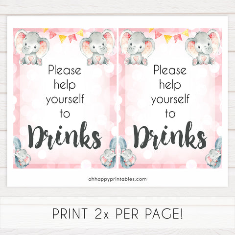 drinks baby signs, drinks baby table sign, Pink elephant baby decor, printable baby table signs, printable baby decor, pink table signs, fun baby signs, fun baby table signs