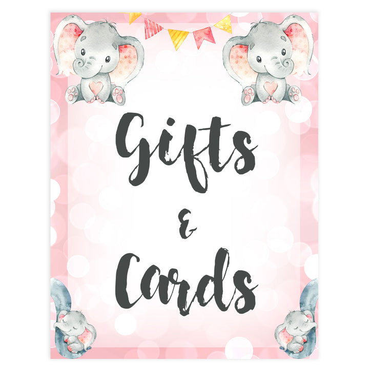 gifts and cards table sign, gifts and cards, Pink elephant baby decor, printable baby table signs, printable baby decor, pink table signs, fun baby signs, fun baby table signs