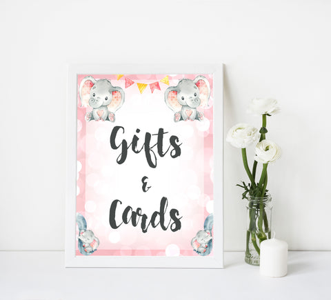 gifts and cards table sign, gifts and cards, Pink elephant baby decor, printable baby table signs, printable baby decor, pink table signs, fun baby signs, fun baby table signs