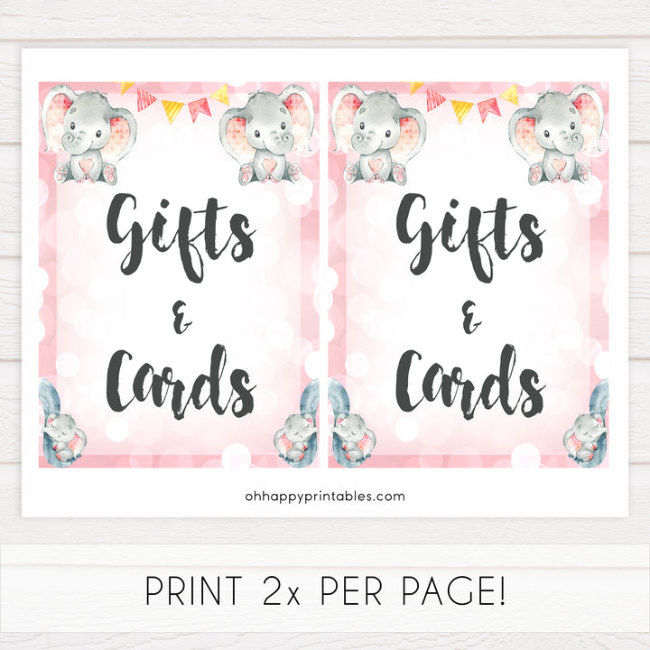 gifts and cards table sign, gifts and cards, Pink elephant baby decor, printable baby table signs, printable baby decor, pink table signs, fun baby signs, fun baby table signs