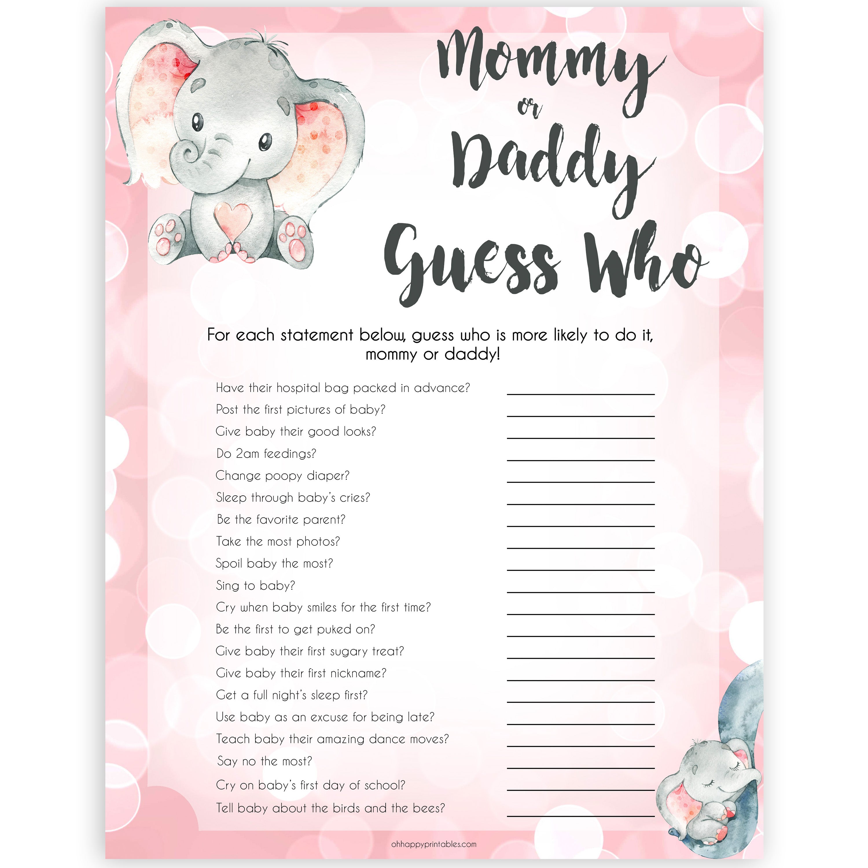 pink elephant baby games, guess who mommy or daddy baby shower games, printable baby shower games, baby shower games, fun baby games, popular baby games, pink baby games