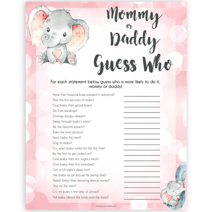 pink elephant baby games, guess who mommy or daddy baby shower games, printable baby shower games, baby shower games, fun baby games, popular baby games, pink baby games