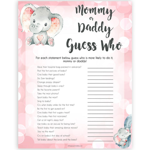 pink elephant baby games, guess who mommy or daddy baby shower games, printable baby shower games, baby shower games, fun baby games, popular baby games, pink baby games