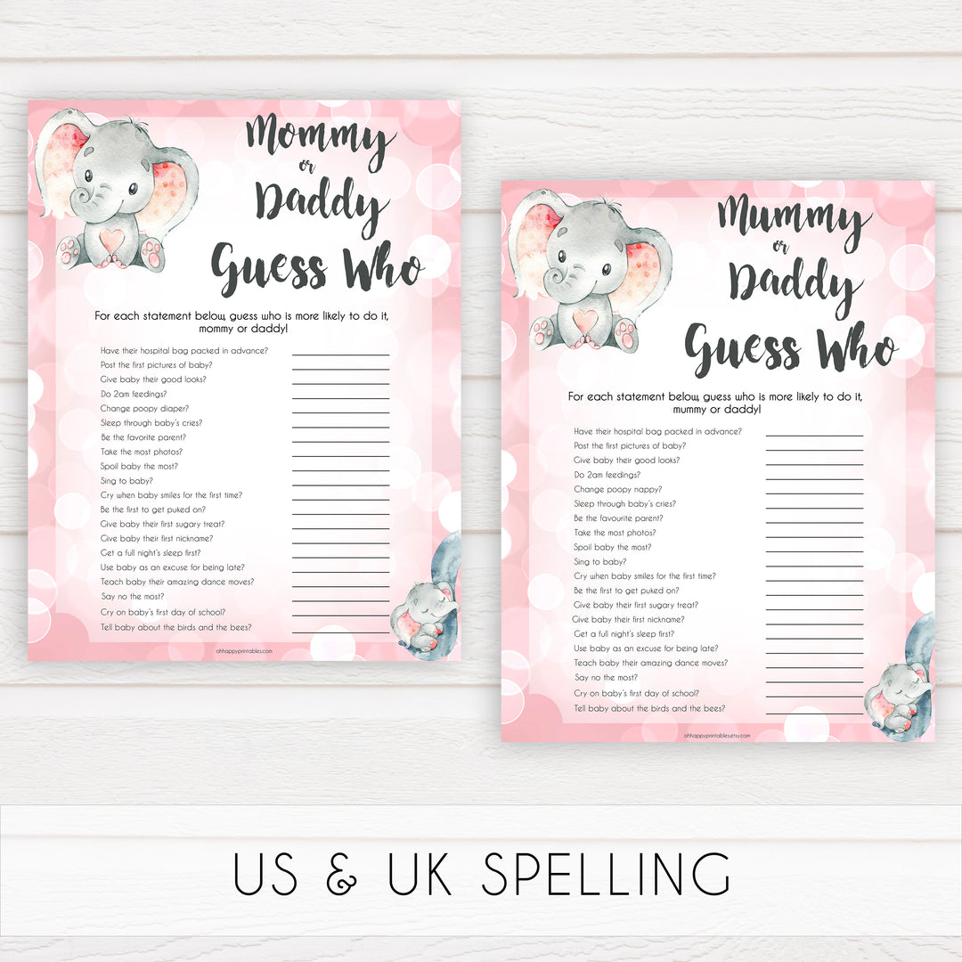 pink elephant baby games, guess who mommy or daddy baby shower games, printable baby shower games, baby shower games, fun baby games, popular baby games, pink baby games