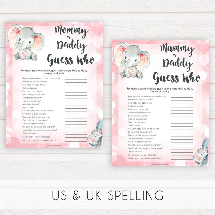 pink elephant baby games, guess who mommy or daddy baby shower games, printable baby shower games, baby shower games, fun baby games, popular baby games, pink baby games