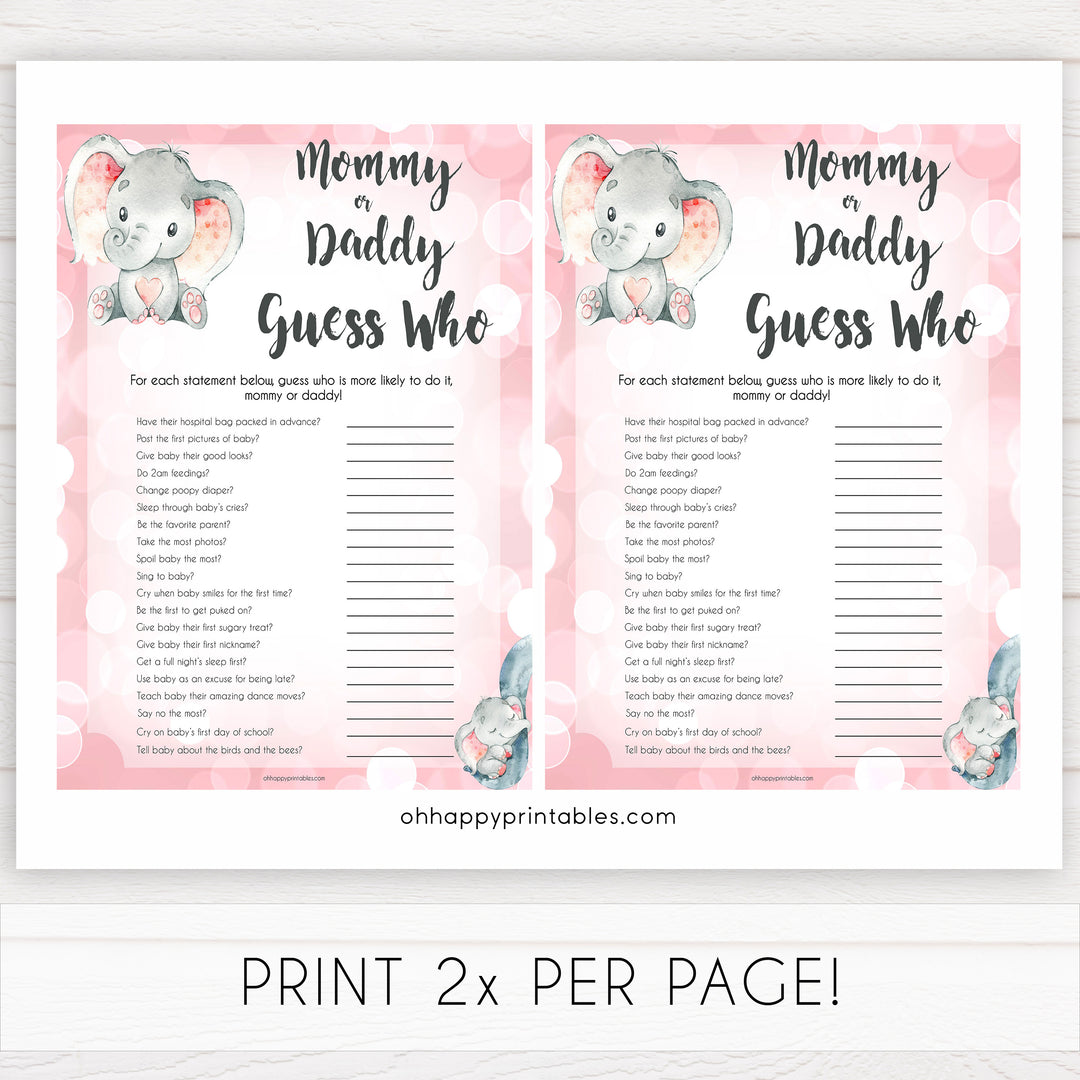 pink elephant baby games, guess who mommy or daddy baby shower games, printable baby shower games, baby shower games, fun baby games, popular baby games, pink baby games