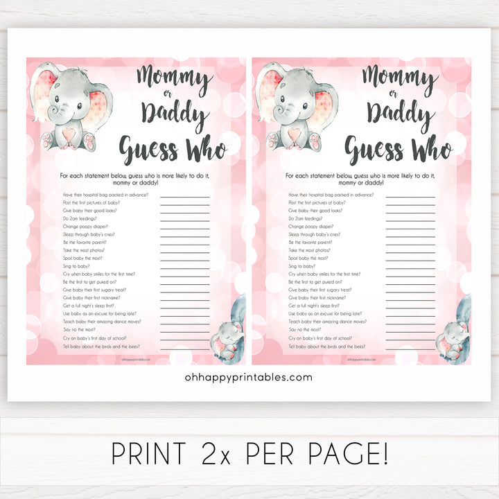 pink elephant baby games, guess who mommy or daddy baby shower games, printable baby shower games, baby shower games, fun baby games, popular baby games, pink baby games
