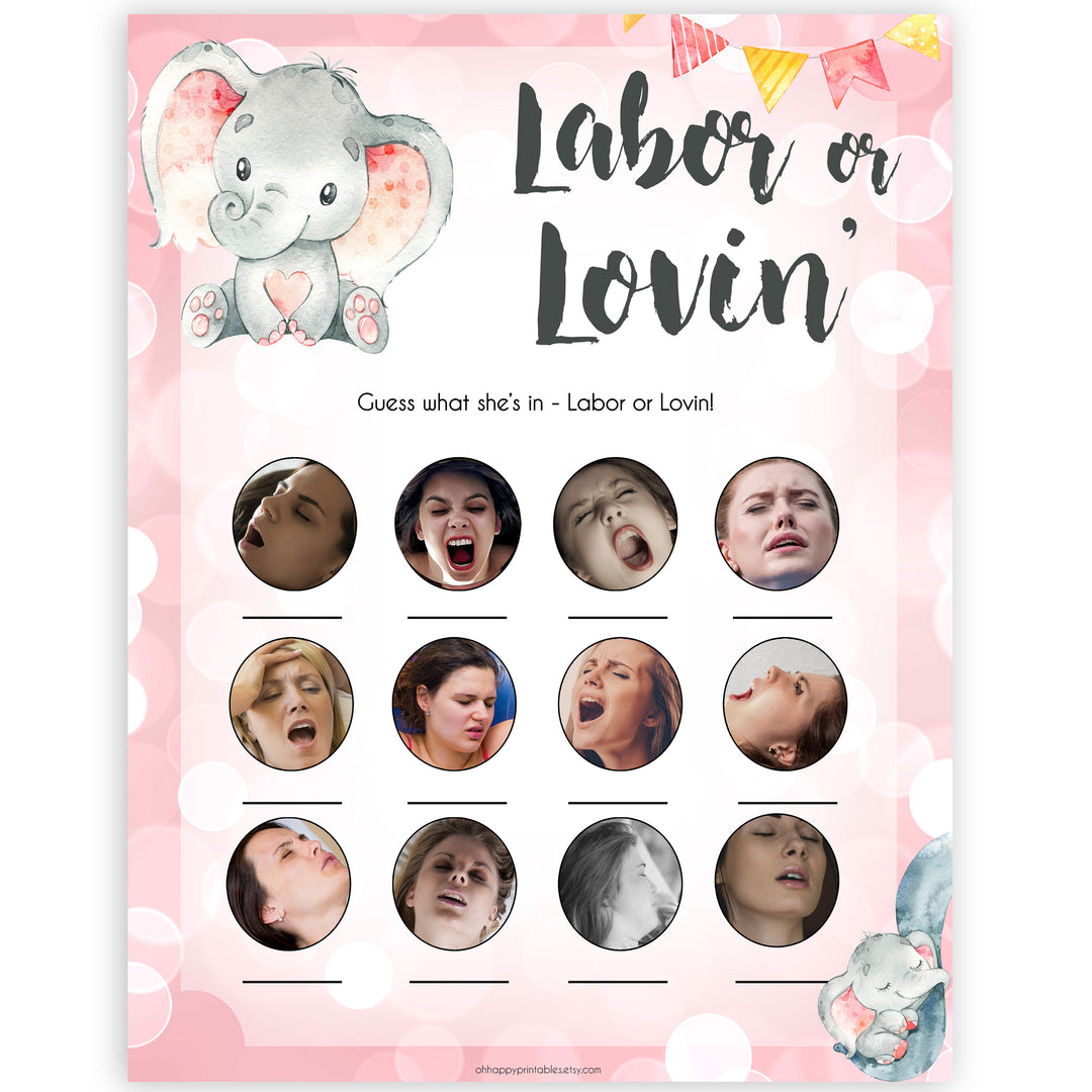 pink elephant baby games, labour or lovin, labor or lovin baby shower games, printable baby shower games, baby shower games, fun baby games, popular baby games, pink baby games