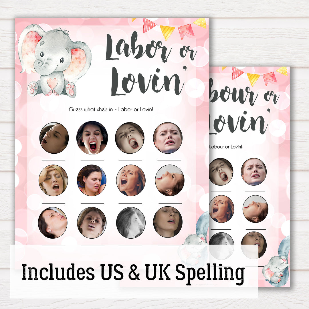 pink elephant baby games, labour or lovin, labor or lovin baby shower games, printable baby shower games, baby shower games, fun baby games, popular baby games, pink baby games