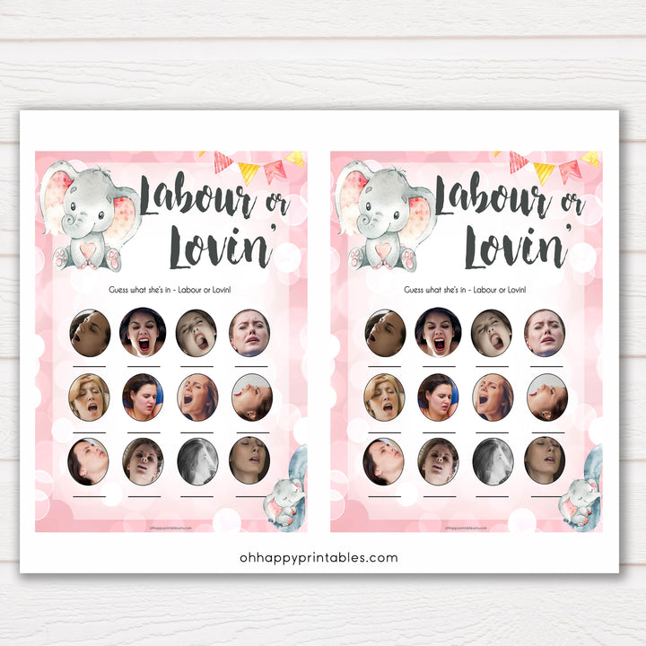 pink elephant baby games, labour or lovin, labor or lovin baby shower games, printable baby shower games, baby shower games, fun baby games, popular baby games, pink baby games