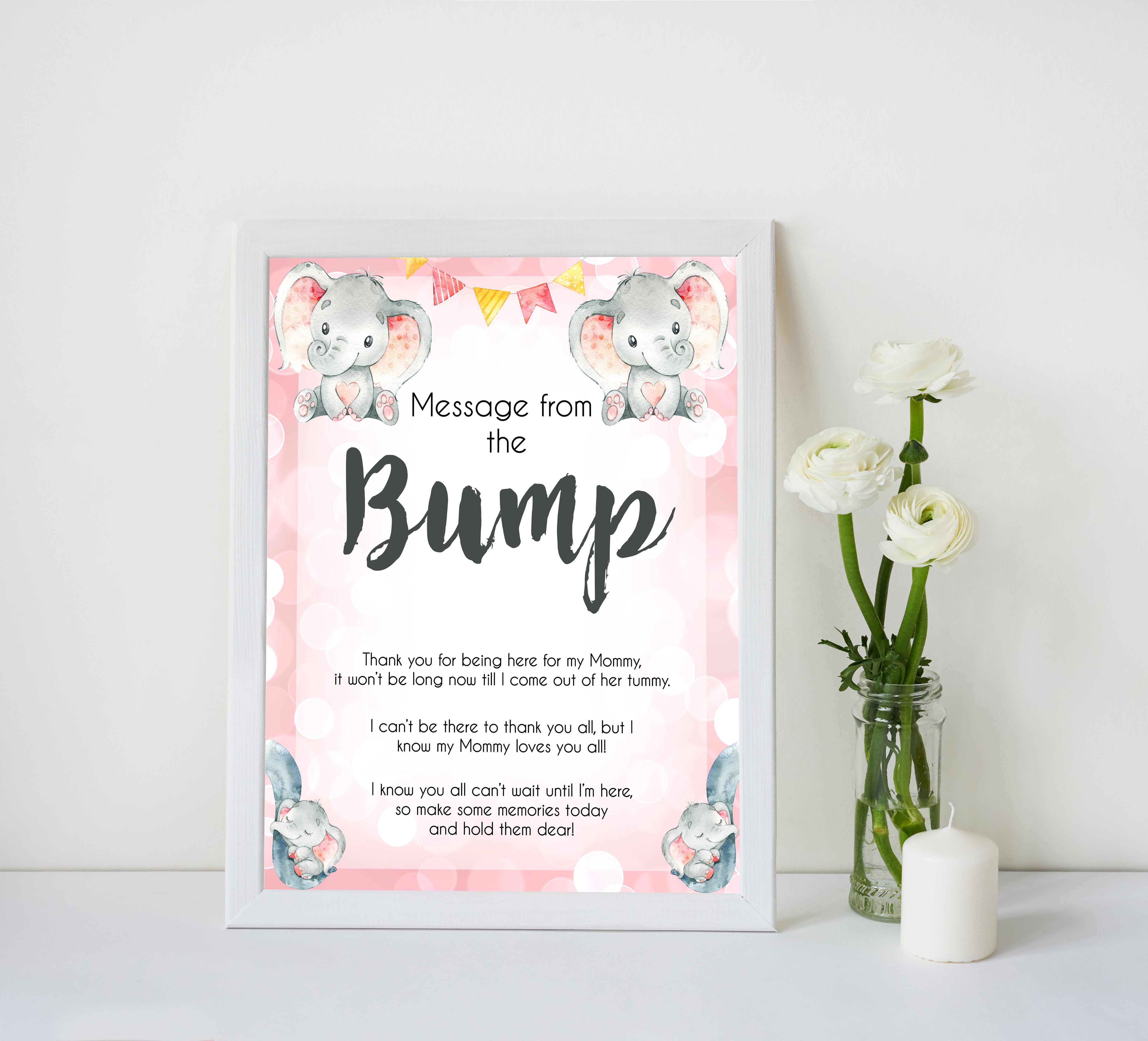 pink elephant baby games, message from the bump baby shower games, printable baby shower games, baby shower games, fun baby games, popular baby games, pink baby games