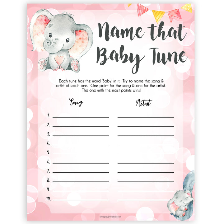 pink elephant baby games, name that baby tune baby shower games, printable baby shower games, baby shower games, fun baby games, popular baby games, pink baby games