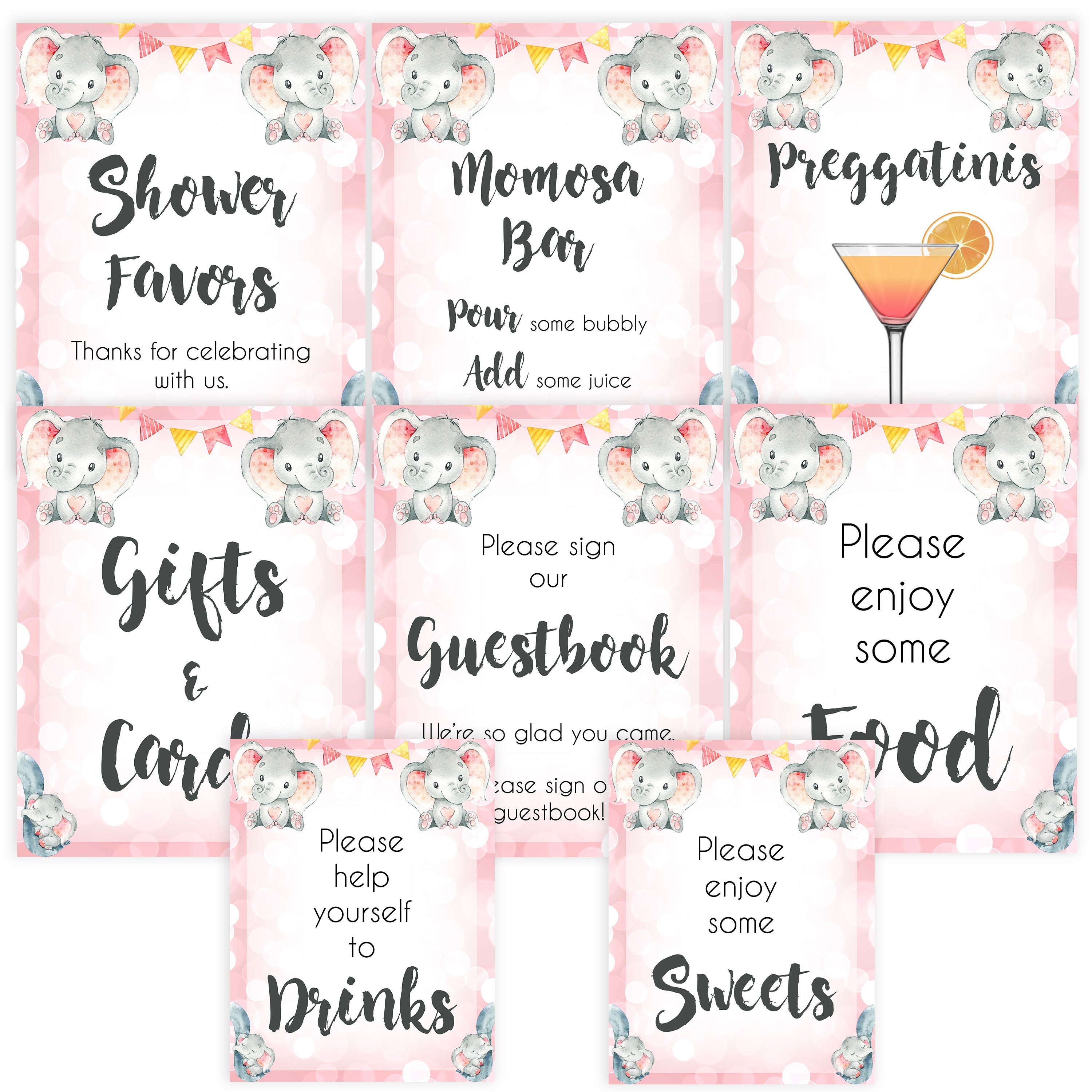 8 baby table sings, baby table signs pack, Pink elephant baby decor, printable baby table signs, printable baby decor, pink table signs, fun baby signs, fun baby table signs
