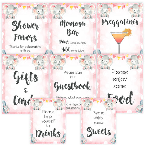 8 baby table sings, baby table signs pack, Pink elephant baby decor, printable baby table signs, printable baby decor, pink table signs, fun baby signs, fun baby table signs