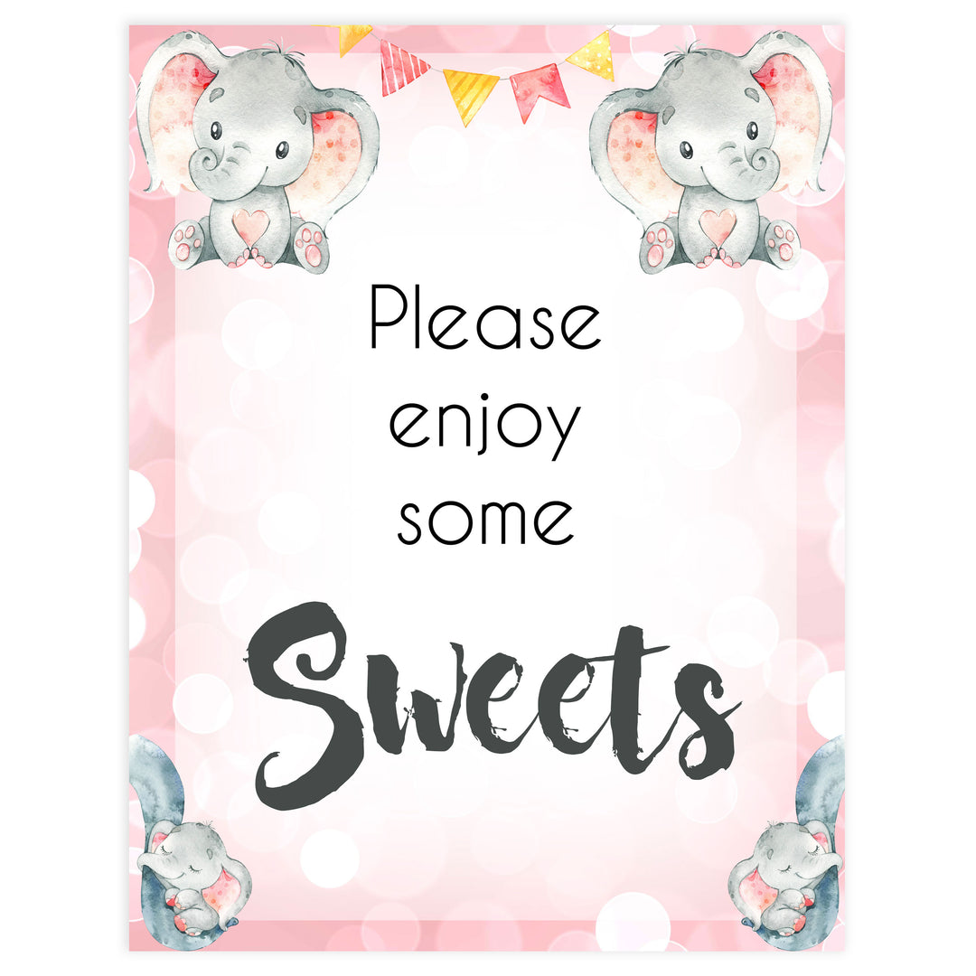 sweets baby table signs, sweets baby table decor, Pink elephant baby decor, printable baby table signs, printable baby decor, pink table signs, fun baby signs, fun baby table signs