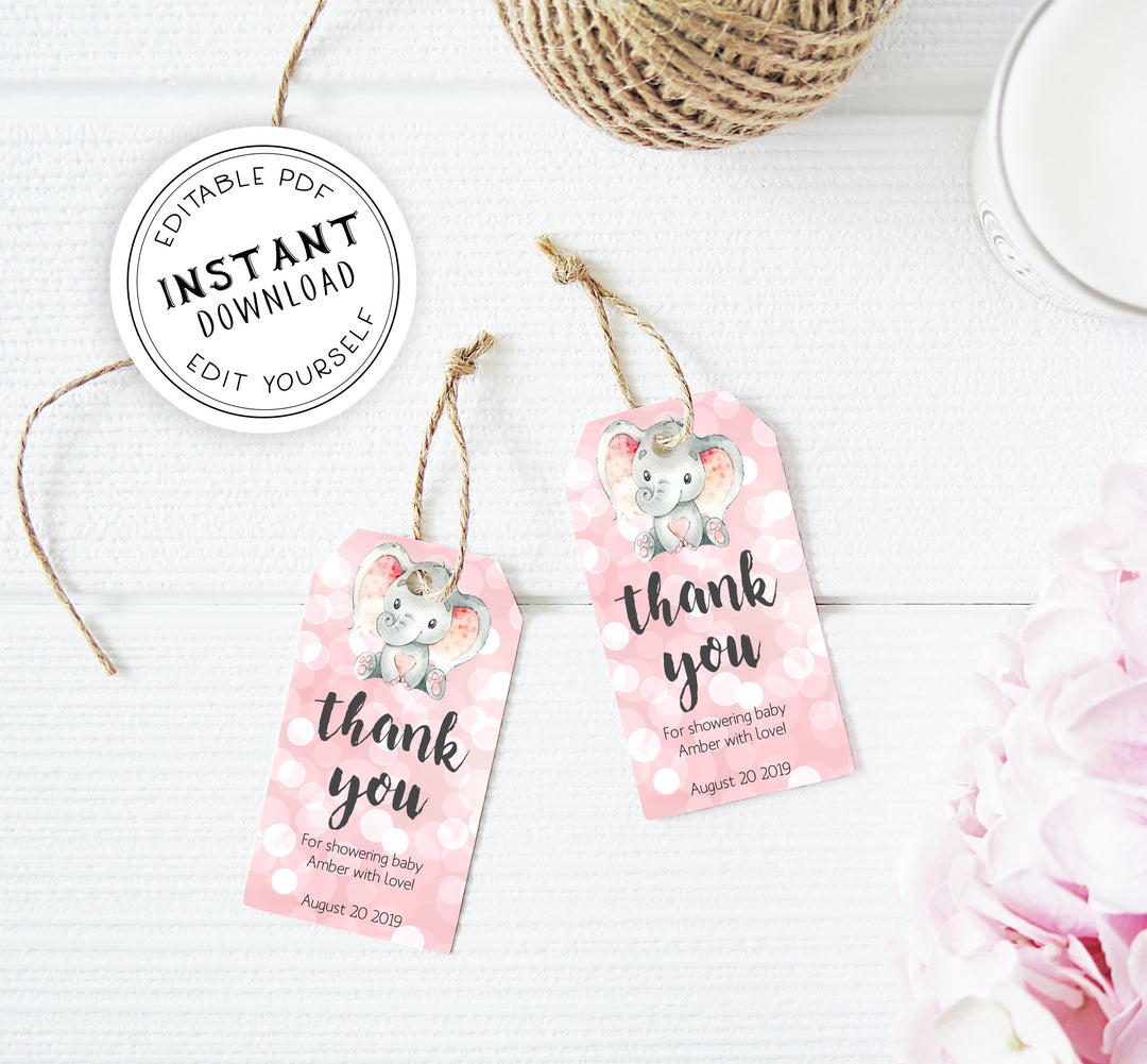 pink elephant baby shower thank you tags, printable thank you tags, editable thank you tags, baby thank you tags, elephant baby decor ideas