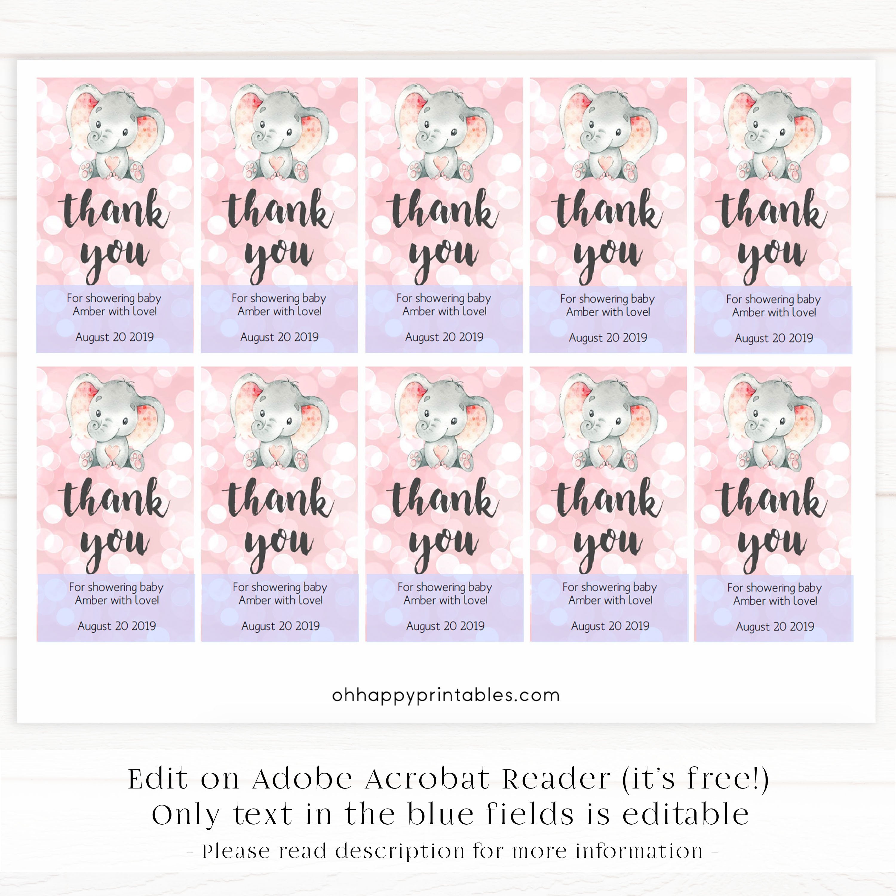 pink elephant baby shower thank you tags, printable thank you tags, editable thank you tags, baby thank you tags, elephant baby decor ideas