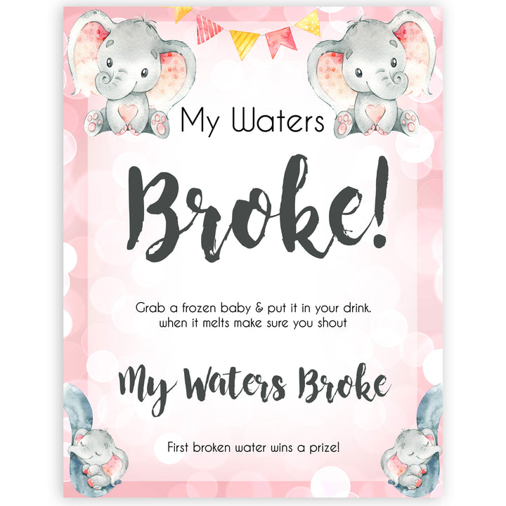 pink elephant baby games, my waters broke baby shower games, printable baby shower games, baby shower games, fun baby games, popular baby games, pink baby games