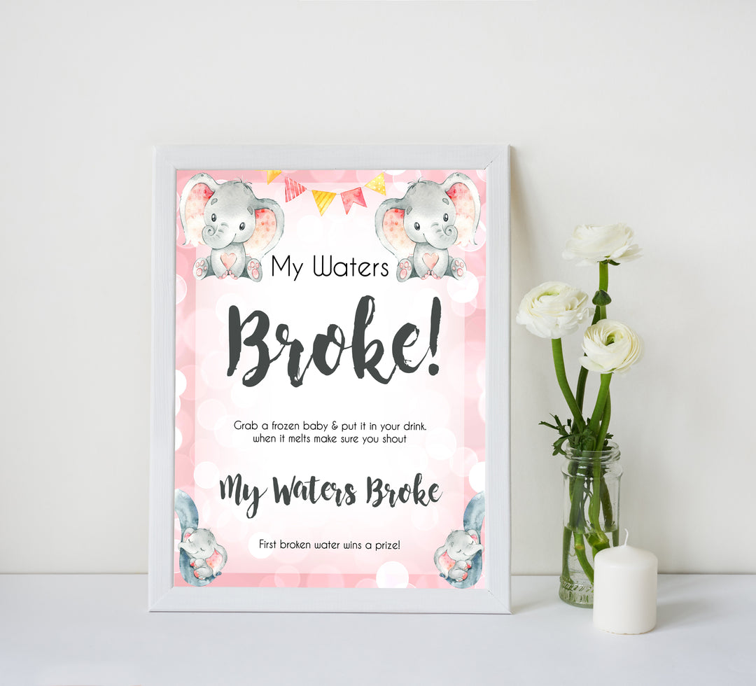 pink elephant baby games, my waters broke baby shower games, printable baby shower games, baby shower games, fun baby games, popular baby games, pink baby games