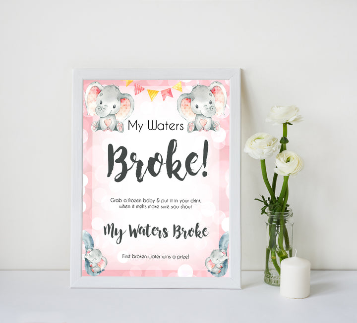 pink elephant baby games, my waters broke baby shower games, printable baby shower games, baby shower games, fun baby games, popular baby games, pink baby games